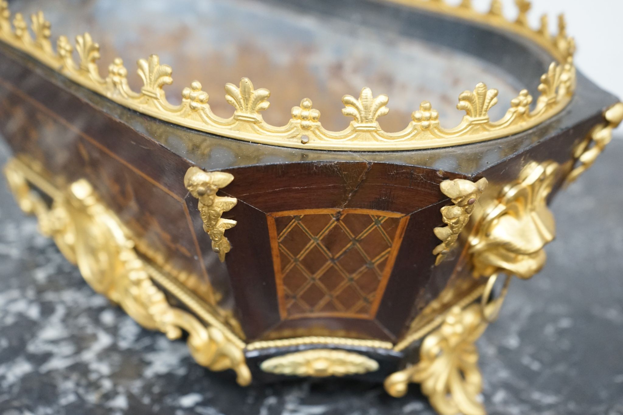 A French gilt metal mounted marquetry inlaid jardiniere, width 44cm, depth 25cm, height 19cm